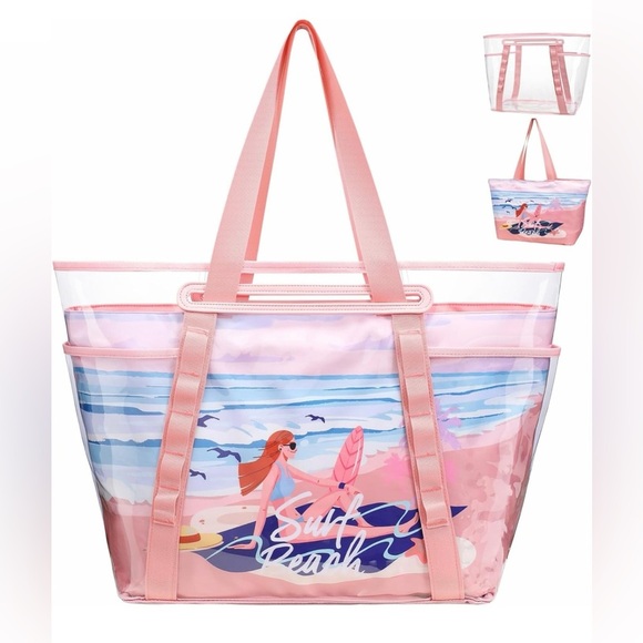 Stylish Pink Surf Beach extra large Tote Bag 2 bag in 1 clear beach pool bag - Picture 1 of 7